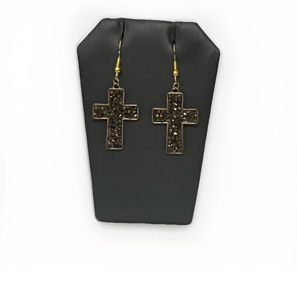 Handmade Brown & Gold Cross Rhinestone Earrings. Rhinestone, Sparkly Earrings.